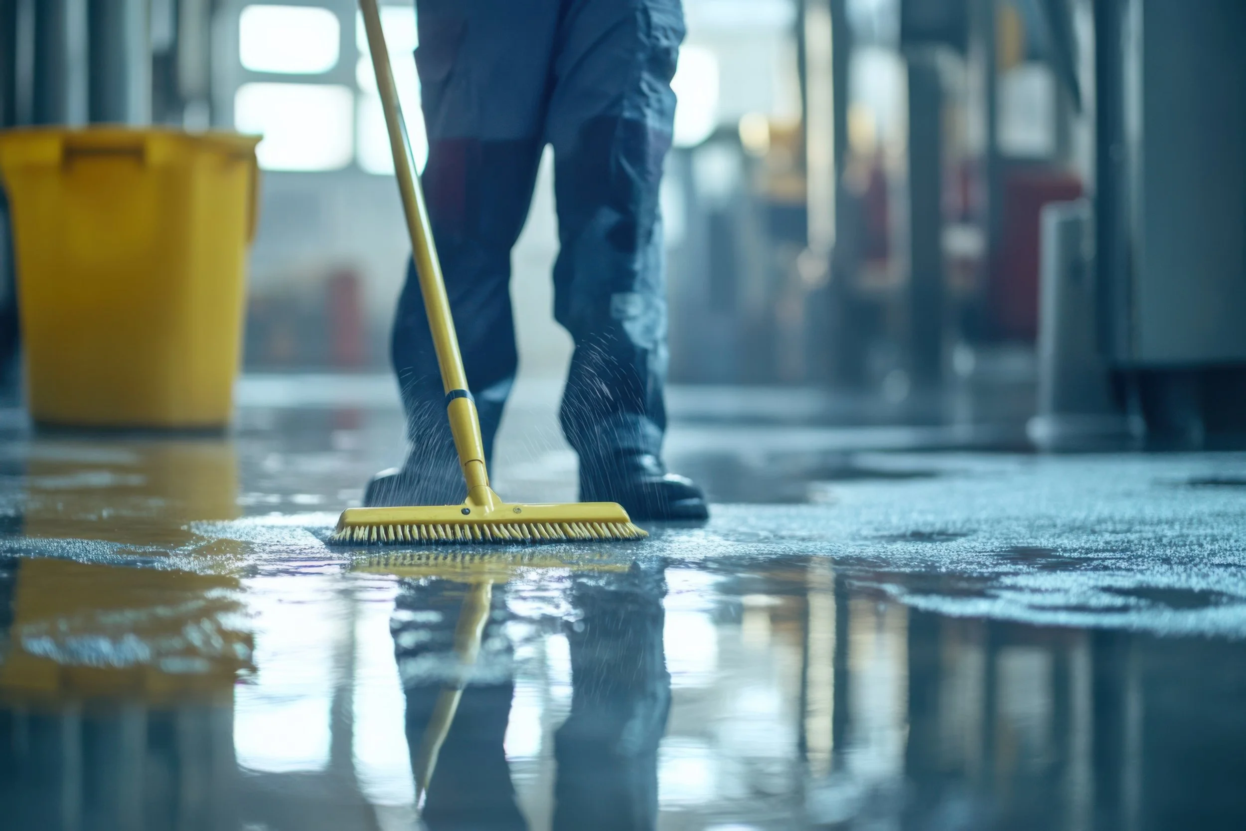 Cleaning contractor mopping a restaurant floor, one of several parties who may share responsibility.