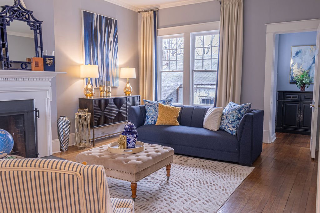 Ornate, modern sitting room in office in 1920s home