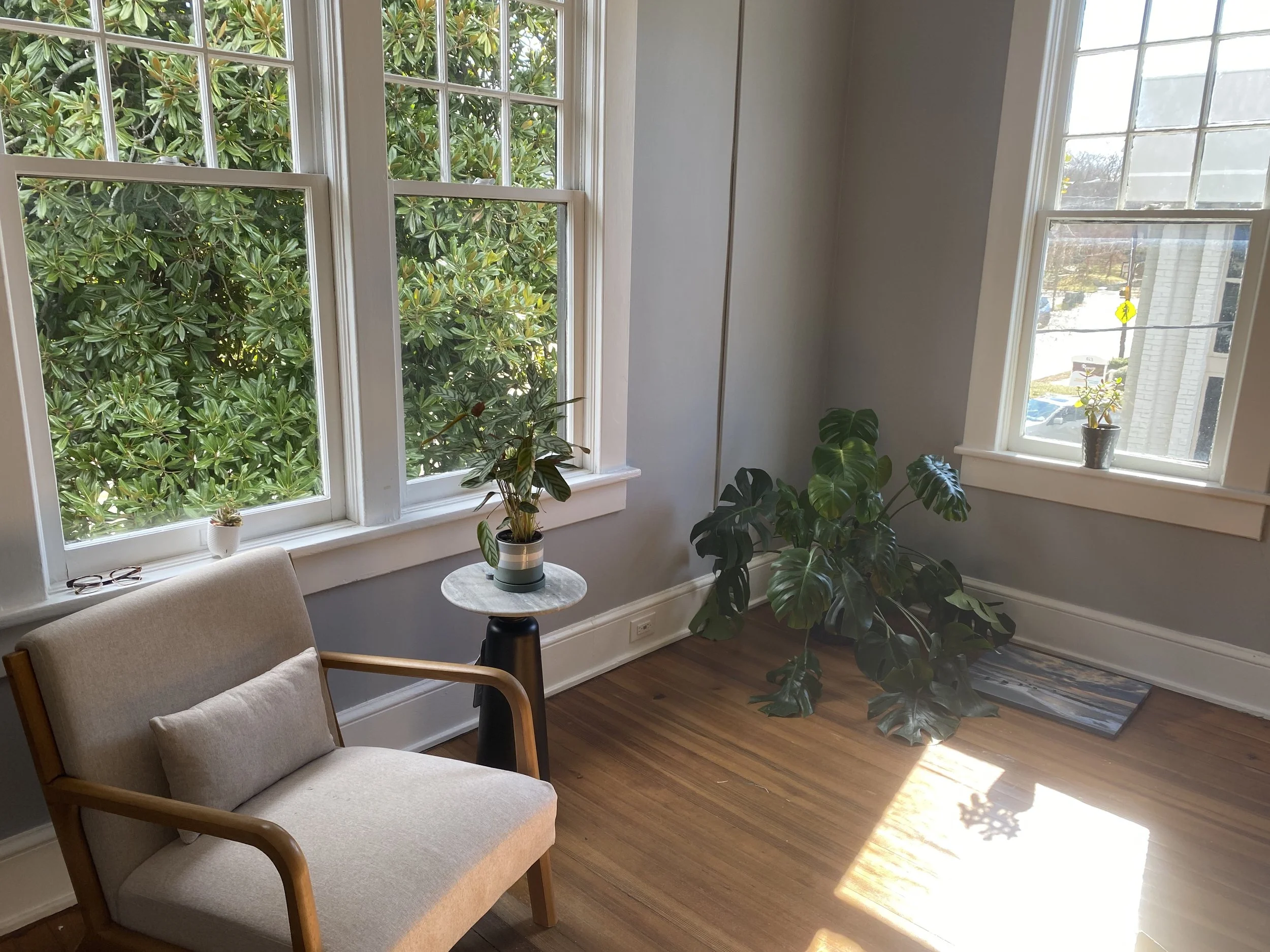 Chair in spacious wood-floored room with craftsman windows and house plants