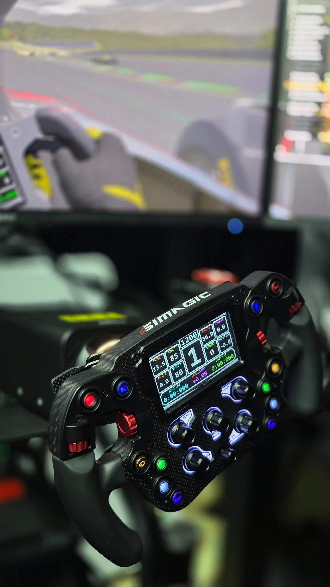 Close-up of the Simagic racing wheel in a Turn 6 simulator.