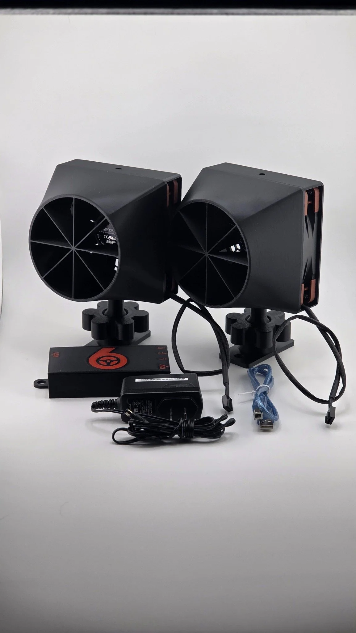 Turn 6 two-fan wind simulator kit with controller, power supply, USB cable, and mounts.