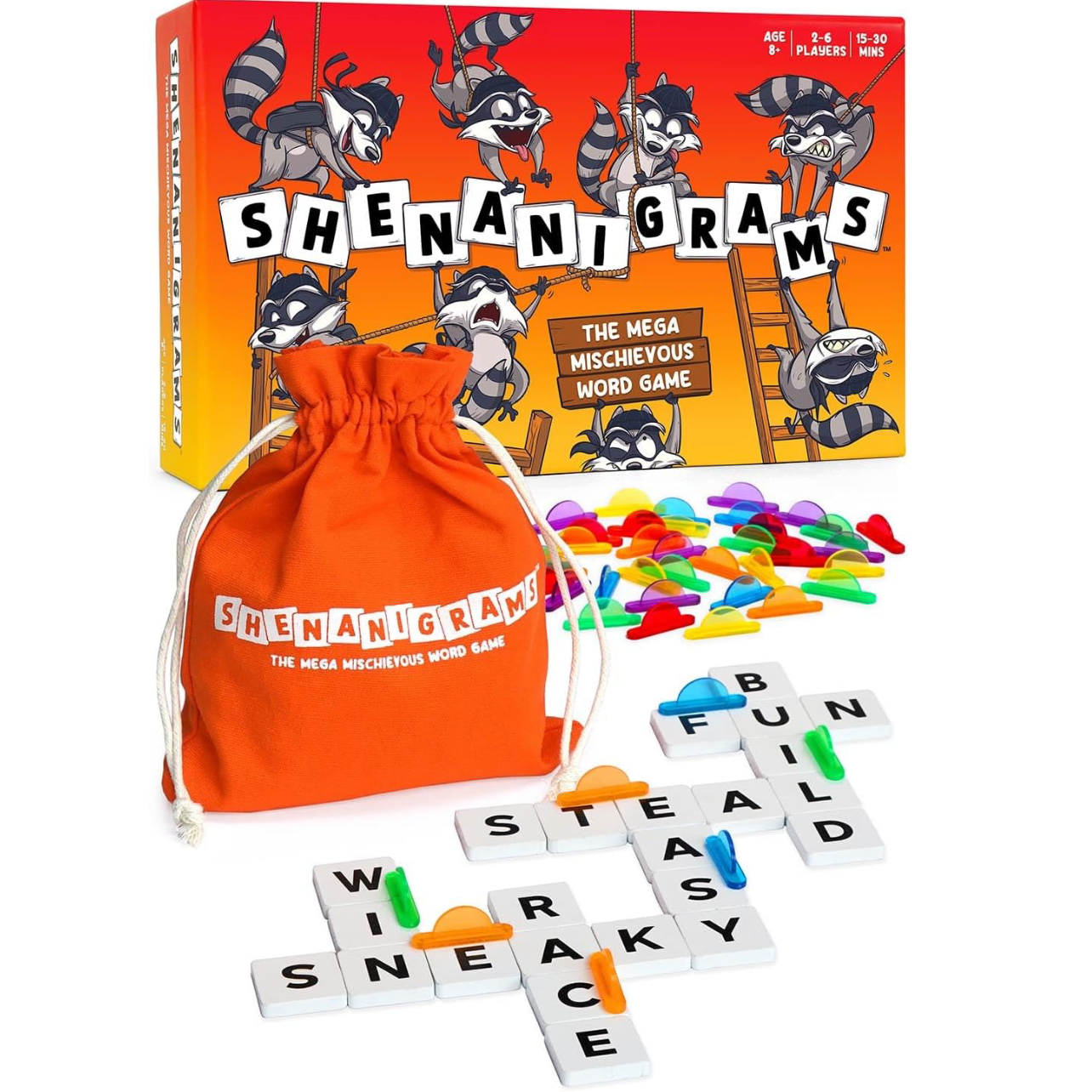 Shenanigrams, "The Mega Mischievous Word Game," shown in all its glory. A raccoon-studded box, an orange bag, colorful tabs, and white tiles with black letters on them, arranged like a crossword puzzle.