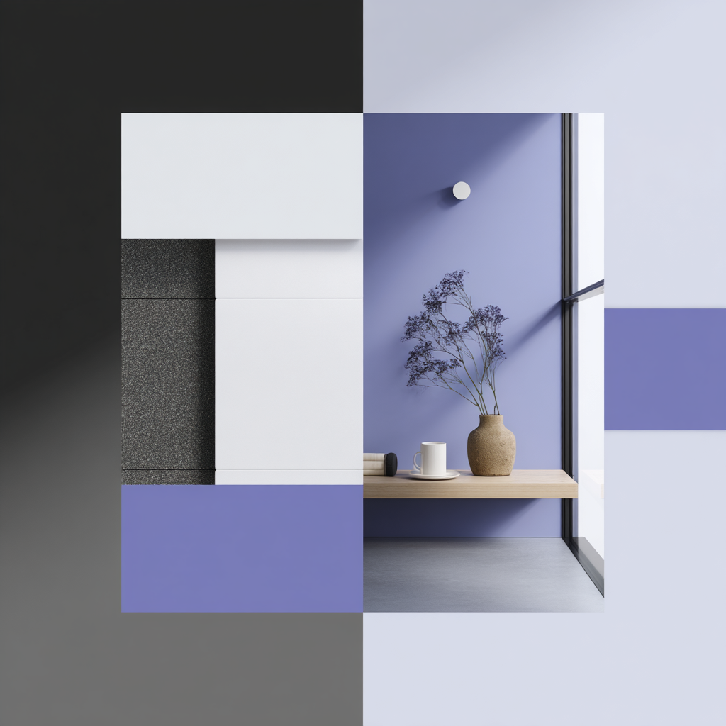 Minimalist interior design collage with geometric elements, featuring a blue wall, a wooden shelf, a beige vase with dried purple flowers, a white cup, and a window with natural light.