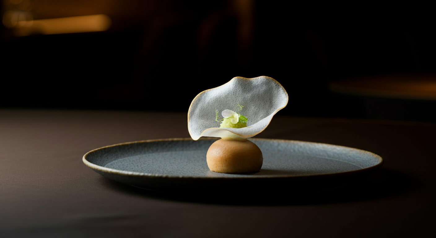 A small gourmet dish with a round cracker, topped with a delicate edible flower and tiny garnishes, placed on a textured dark plate against a dark background.