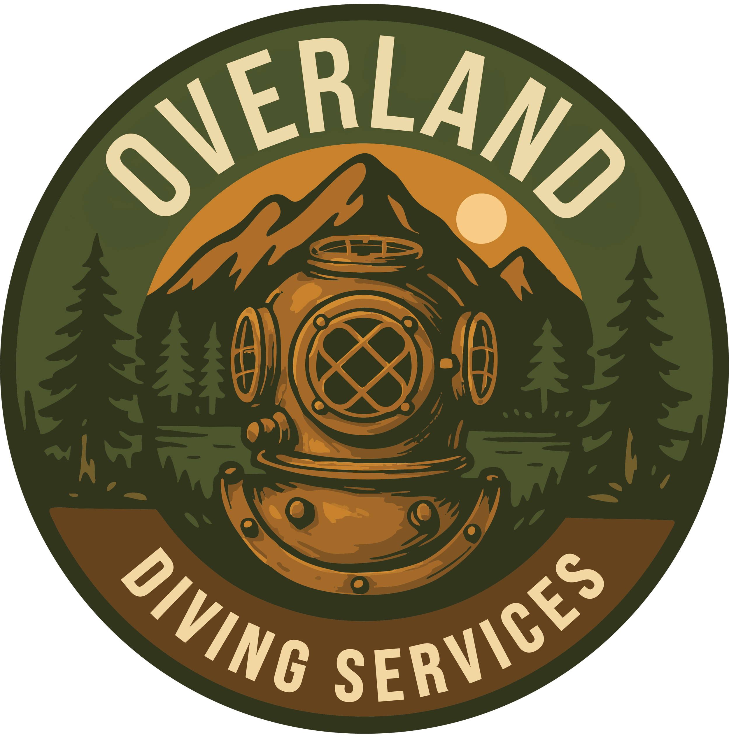 A circular patch with the words 'Overland Diving Services' at the top. In the center, there is an old-fashioned diving helmet with mountains, trees, and a setting sun in the background, suggesting an outdoor or adventure theme.