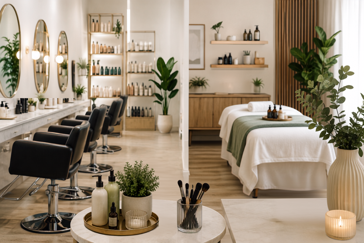 Modern beauty and wellness studio with salon chairs, treatment space, and professional products