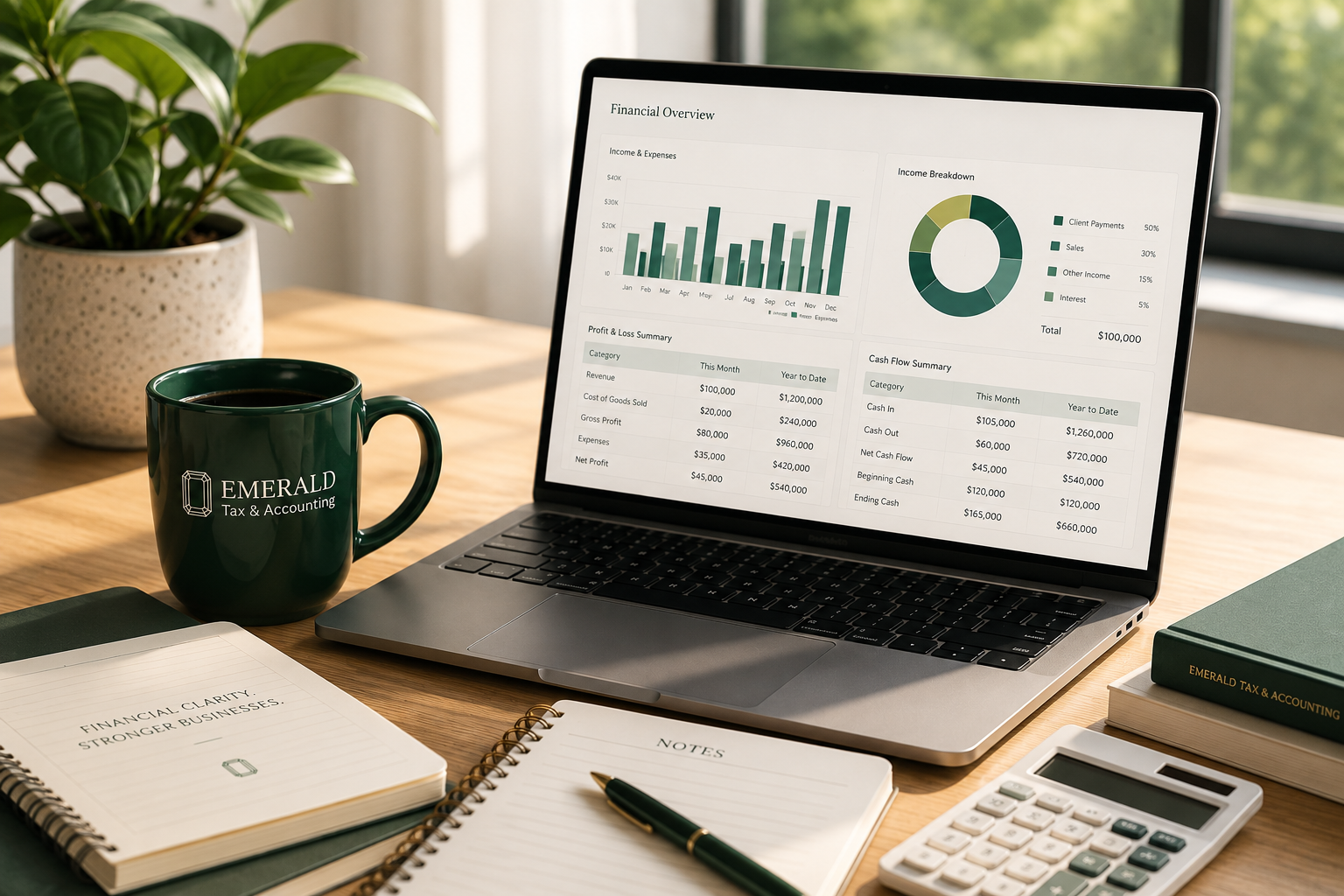 Laptop displaying financial reports and business analytics for small business bookkeeping