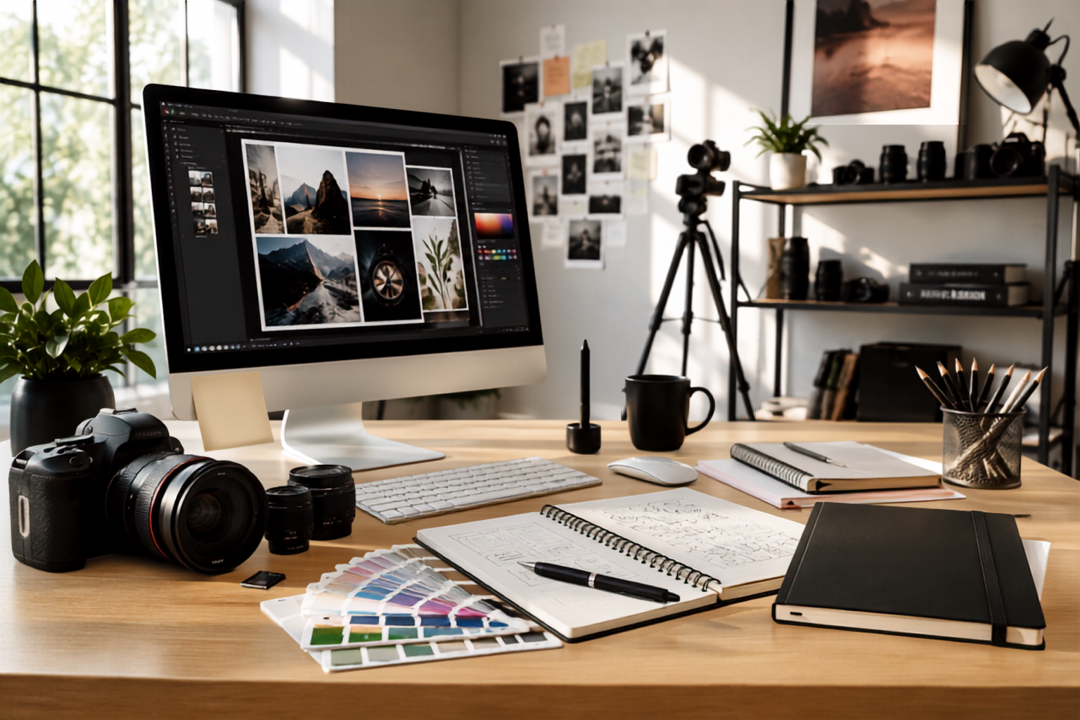 Modern creative workspace with camera equipment, computer, and design tools for a creative professional