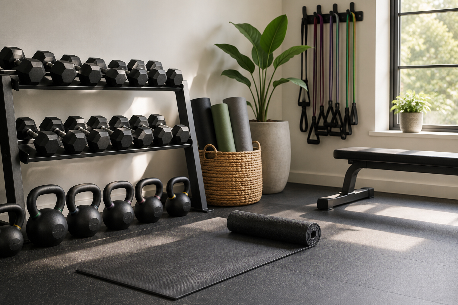 Organized fitness studio with dumbbells, kettlebells, yoga mats, and resistance bands