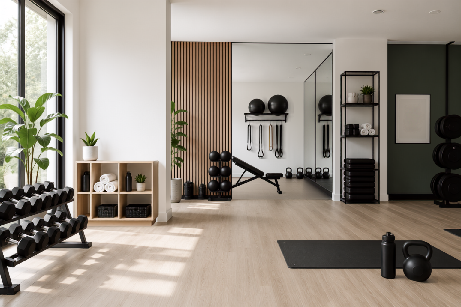 Modern health and fitness studio with dumbbells, kettlebells, resistance bands, and workout equipment
