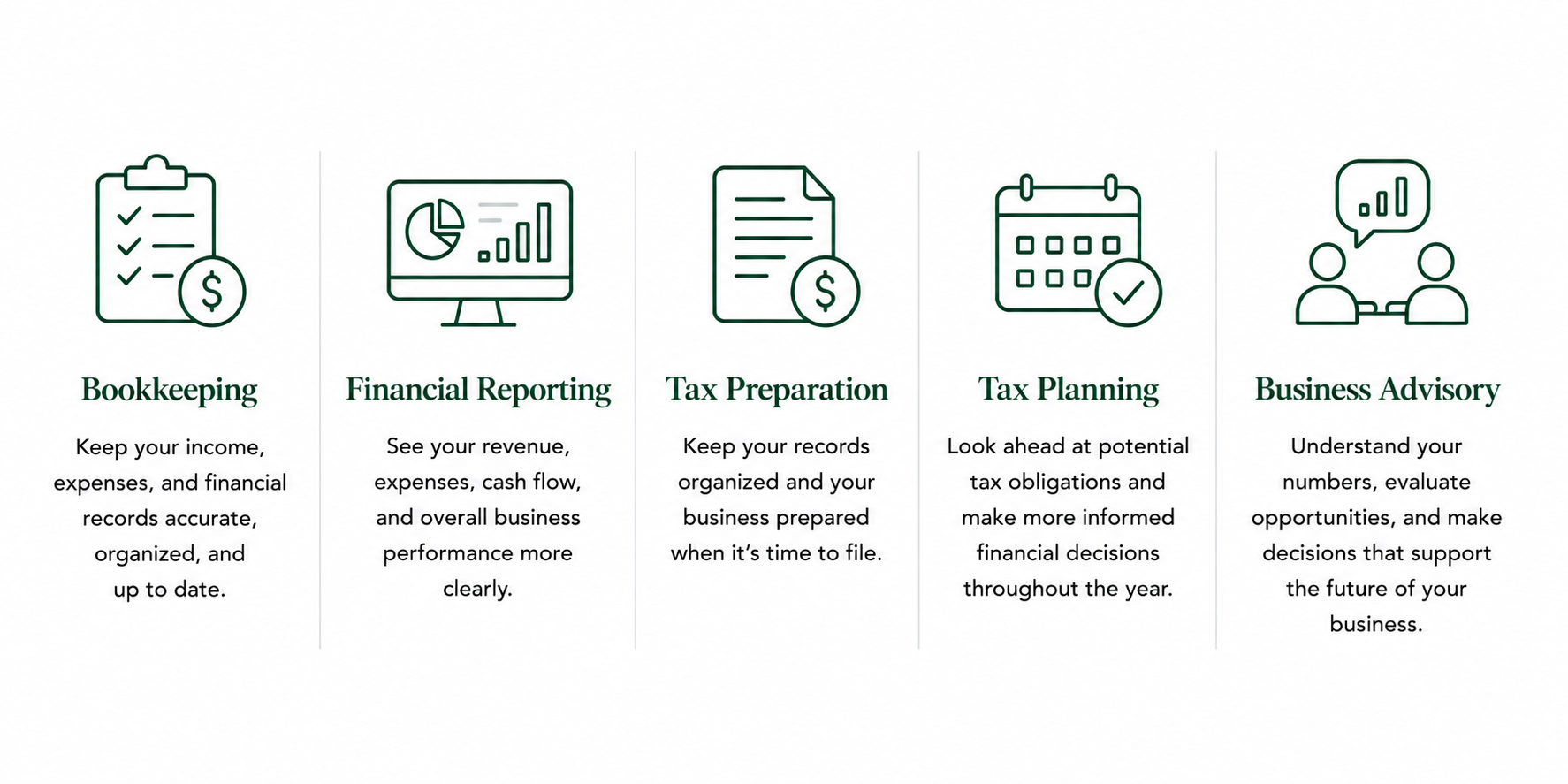 Financial services for home service businesses including bookkeeping, financial reporting, tax preparation, tax planning, and business advisory