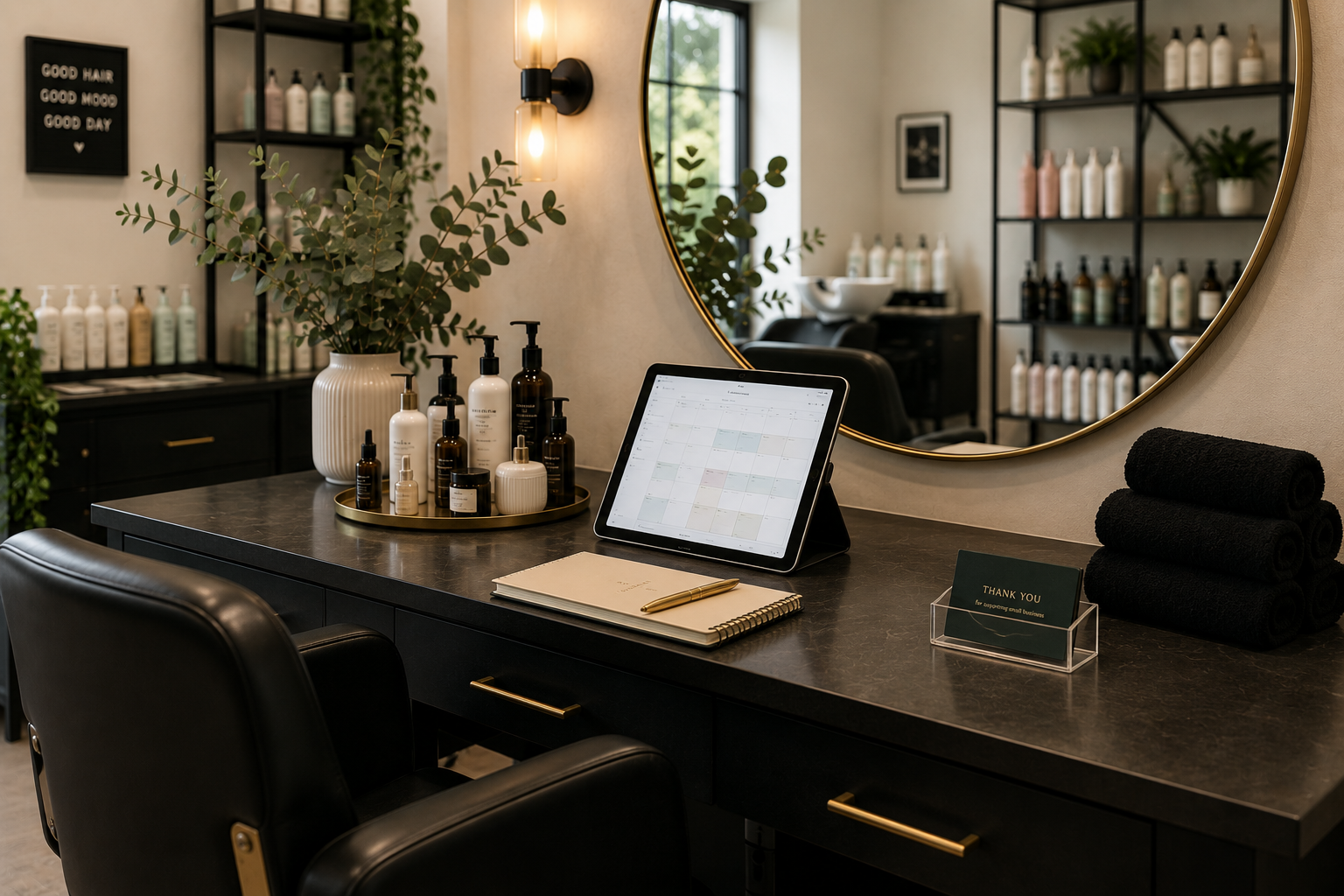 Organized salon workspace with booking tablet, products, towels, and mirror