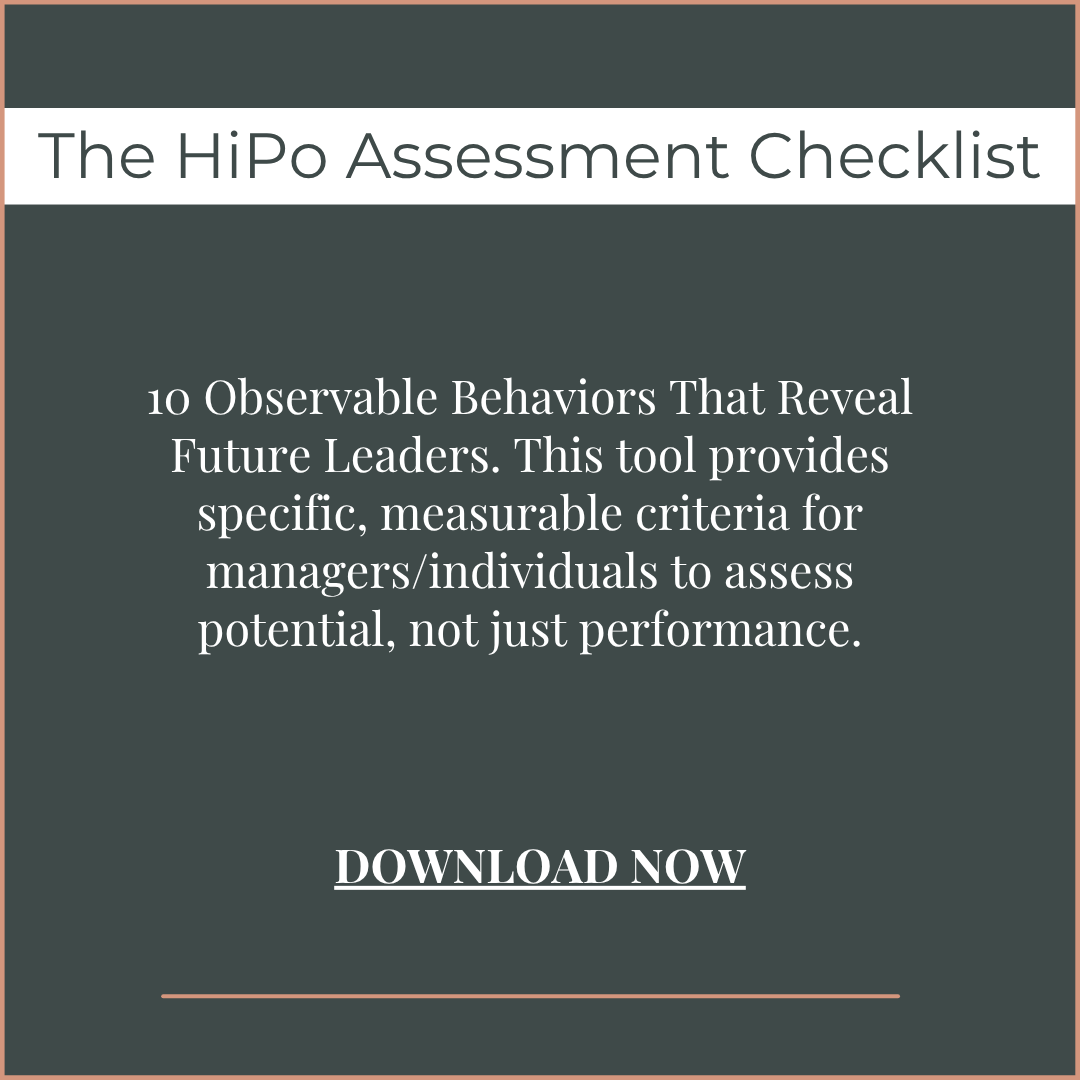 Cover page for 'The HiPo Assessment Checklist' featuring a dark teal background with white text about observable behaviors that reveal future leaders, and a 'Download Now' call to action.