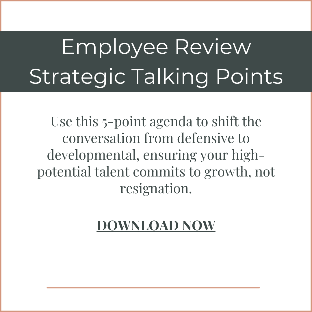 A promotional graphic for an employee review and strategic talking points agenda, with a message encouraging use of a 5-point agenda for developmental conversations, featuring a download link.