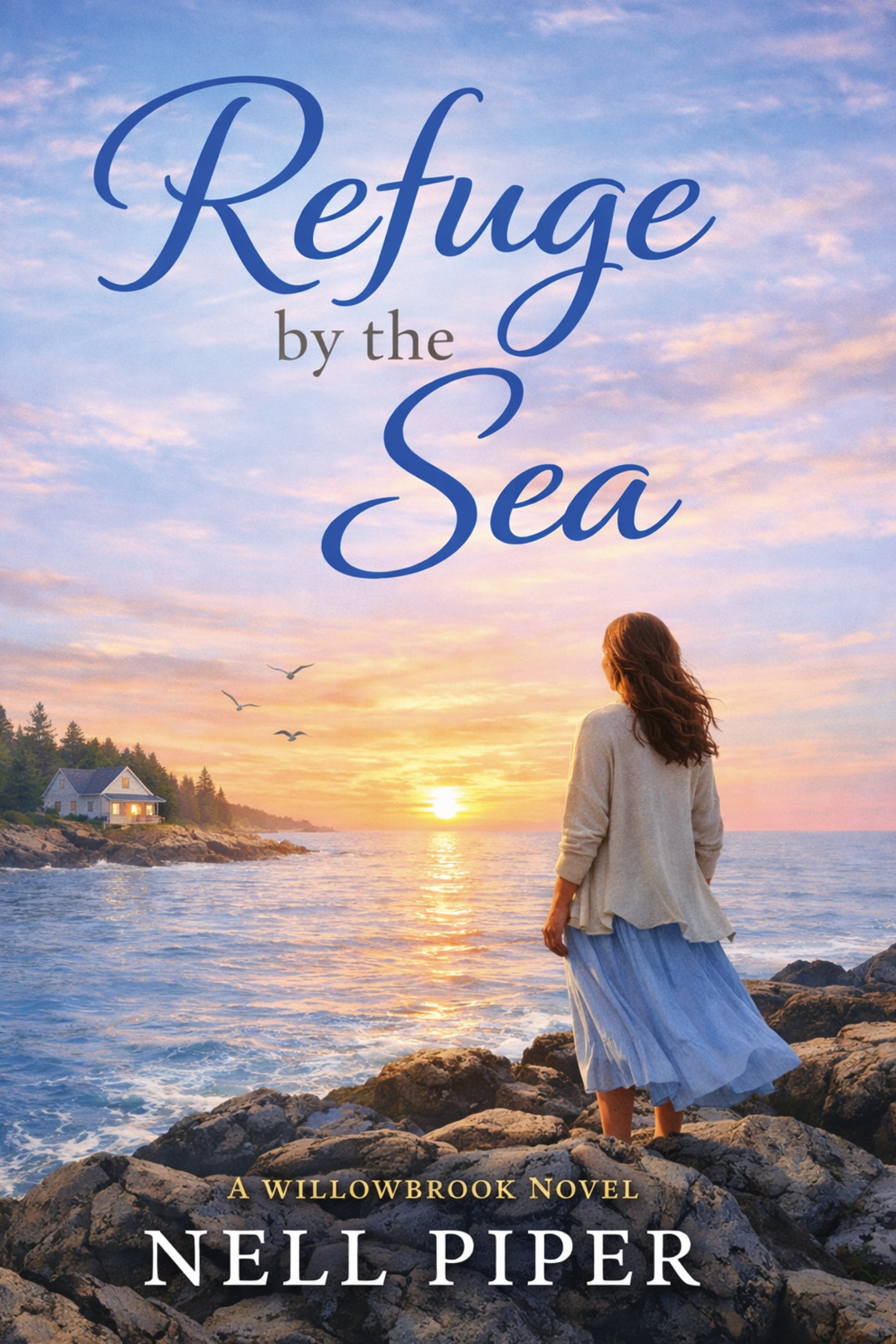 Book cover of "Refuge by the Sea" showing a woman standing on rocks by the ocean at sunset, with a house and trees on the shoreline, and three seagulls flying overhead.