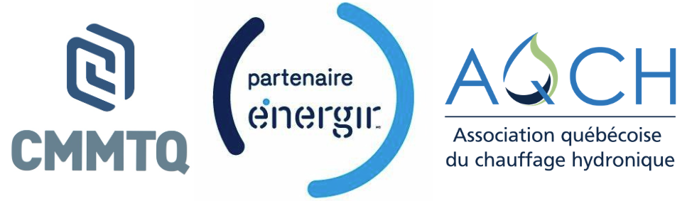 Logos de trois organisations : CMMTQ, Partenaire Énergie, et AÇH, l'Association québécoise du chauffage hydronique.