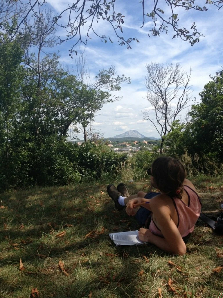 A person lies on the grass in a wooded area reading a book, with trees and a distant mountain and buildings under a partly cloudy sky.