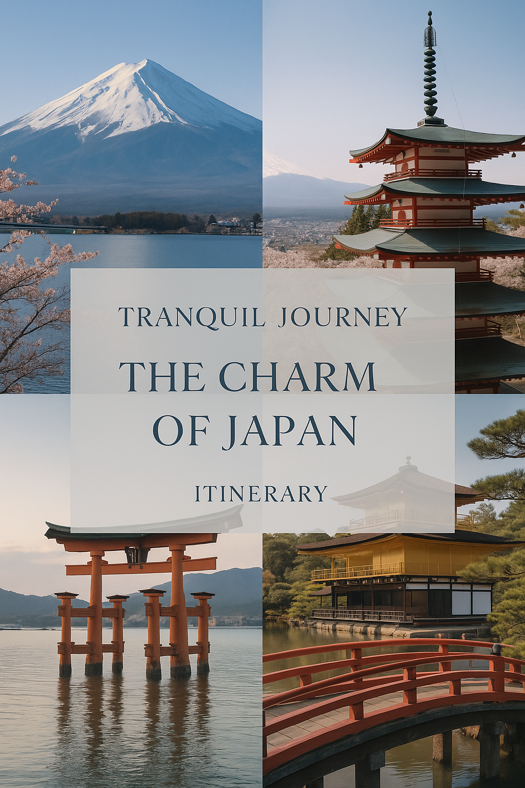 Collage of famous Japanese landmarks including Mount Fuji, a pagoda, torii gates over water, and traditional buildings with cherry blossoms and trees.
