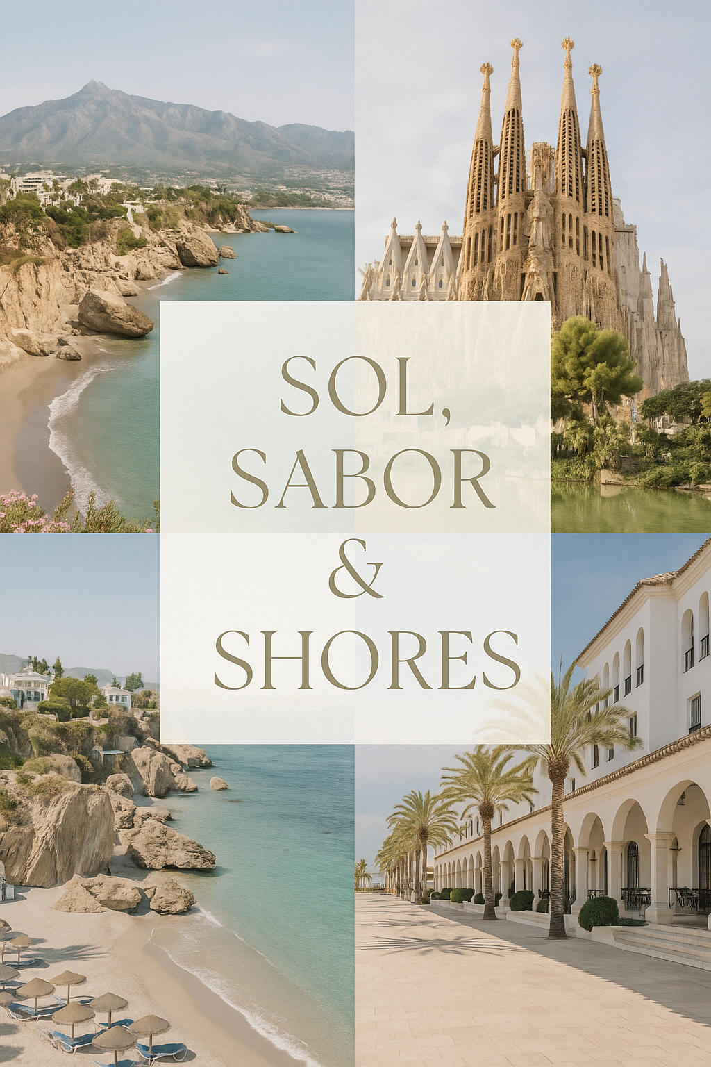 Collage of images featuring a beach with rocks and mountains, the Sagrada Familia cathedral, a row of white buildings with arched walkways and palm trees, and tropical foliage, with the text 'Sol, Sabor & Shores' in the center.