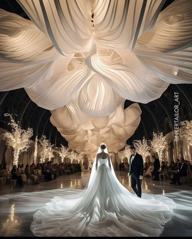 A bride and groom standing in a grand wedding venue with dramatic draped ceiling decorations and illuminated white floral trees.