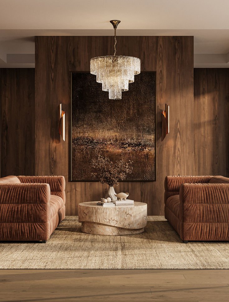 Living room with two brown velvet sofas facing each other, a stone coffee table with decorative items, a dark abstract painting on a wood-paneled wall, a chandelier hanging above, and wall sconces on either side of the painting.