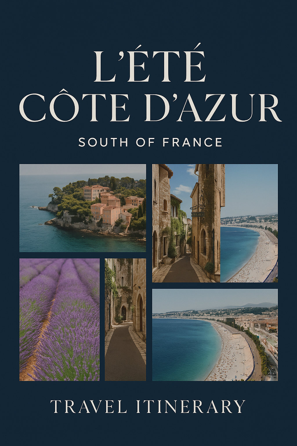 Travel guide cover titled "L'Été Côte d'Azur South of France" with images of coastal scenery, lavender fields, and charming street views.