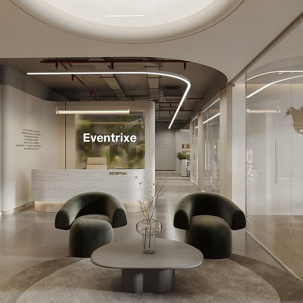 Modern hotel lobby reception area with a curved desk labeled 'Reception', two black velvet armchairs beside a small oval coffee table with a vase of dry branches, and a large sign with 'Eventrix' visible behind the reception desk.