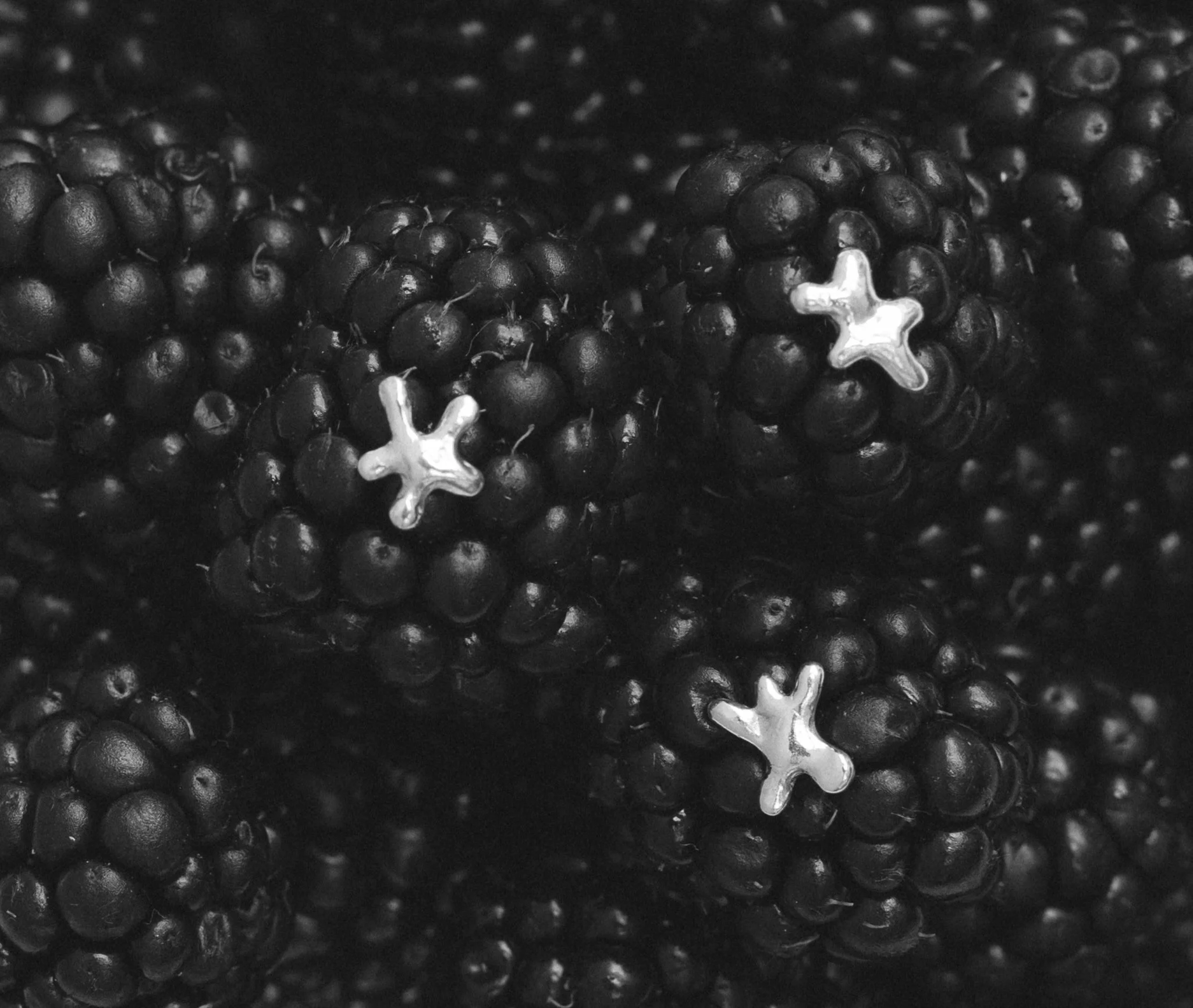 Close-up of blackberries with small, unique, star-shaped 925 silver studs.