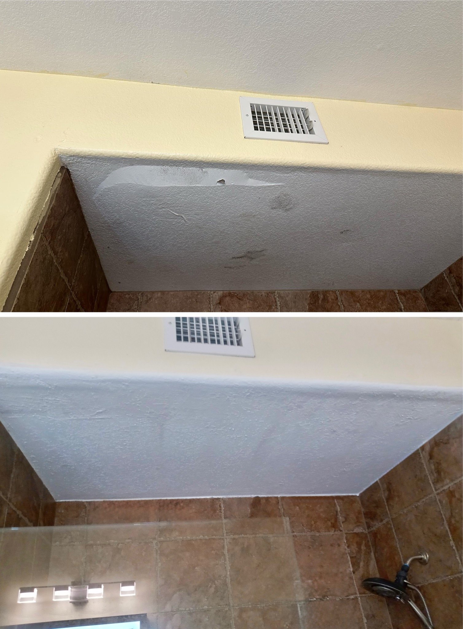 Bathroom ceiling with repair patches near an air vent and above a tiled shower area.