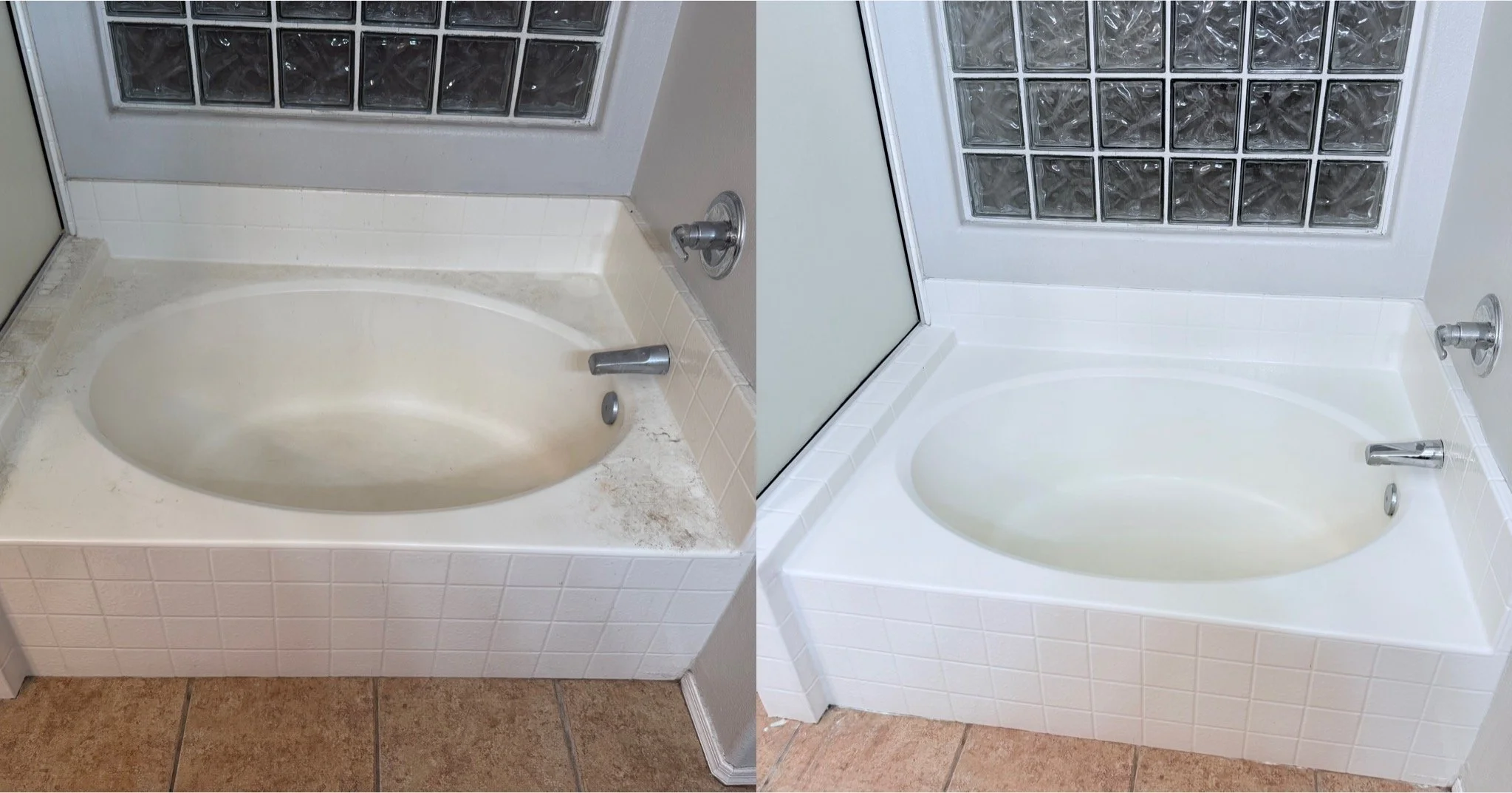 Side-by-side comparison of a bathtub before and after cleaning, showing dirt and grime on the left side and a clean, shiny surface on the right side.