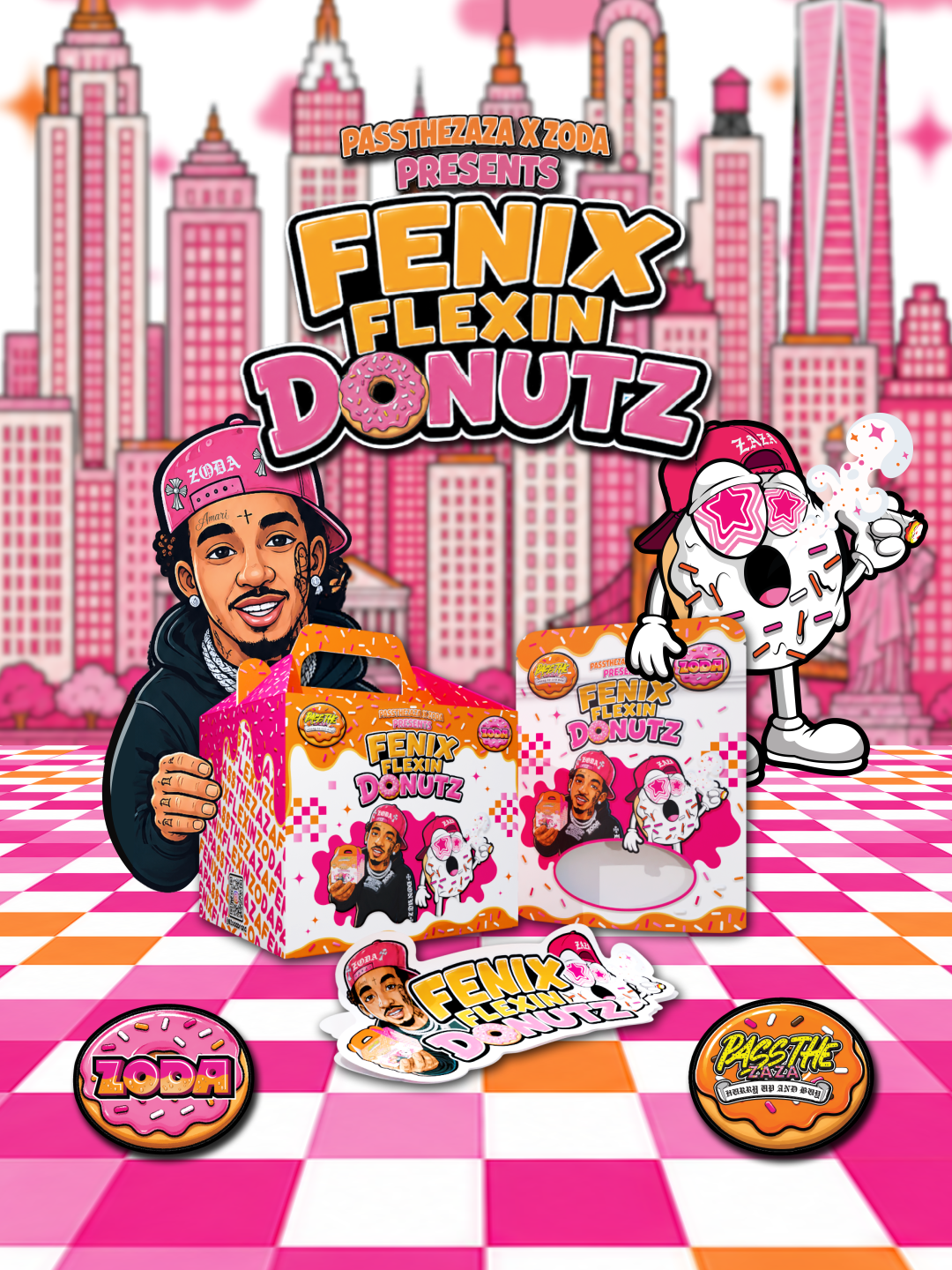 Fenix Flexin Donutz custom product flyer featuring illustrated packaging, character artwork, and branded graphics showcasing custom box, direct print bag, and die cut sticker.