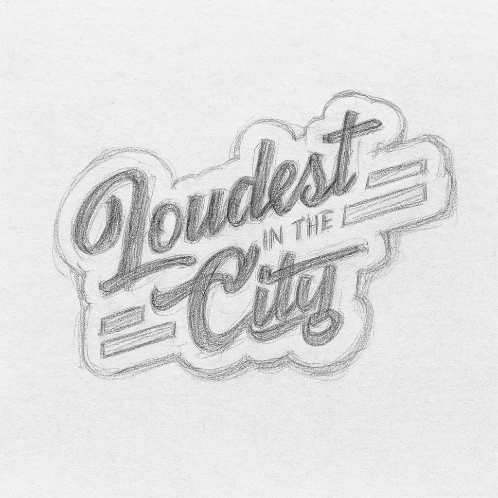 Pencil sketch of the Loudest in the City logo during the design process