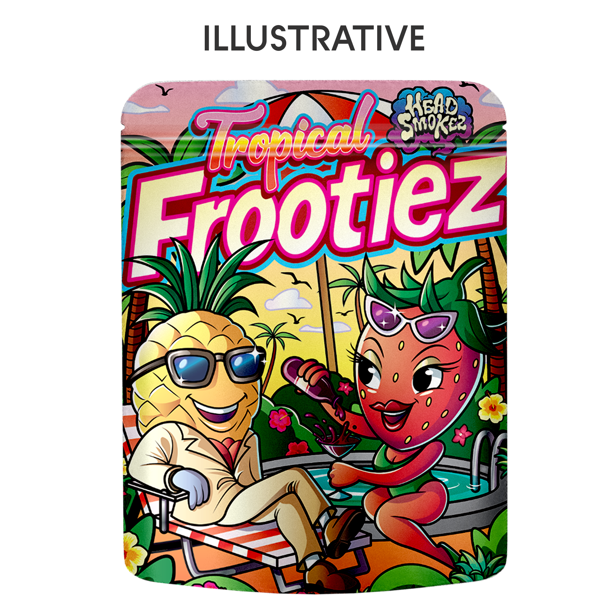 Illustrative cannabis packaging design featuring colorful cartoon characters and tropical branding mockup displayed on a custom 8th bag.
