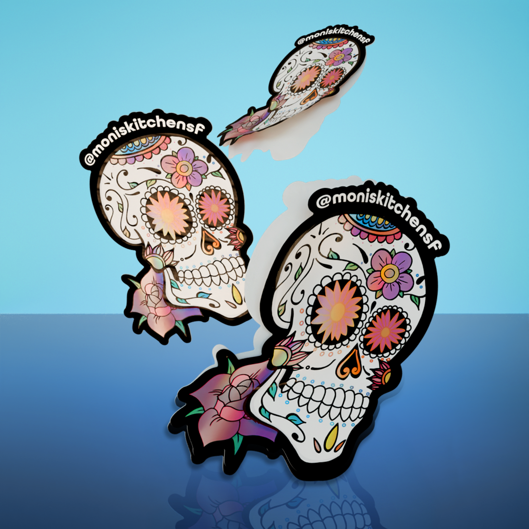 Custom die cut stickers with matte finish featuring skull artwork design, used for branding, packaging labels, and promotional products.