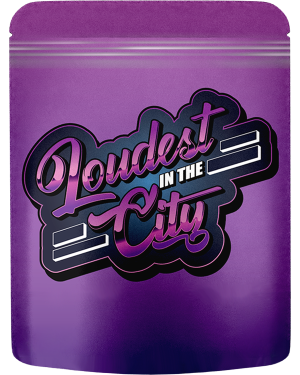 Front of a purple direct print 8th bag showcasing branded packaging design