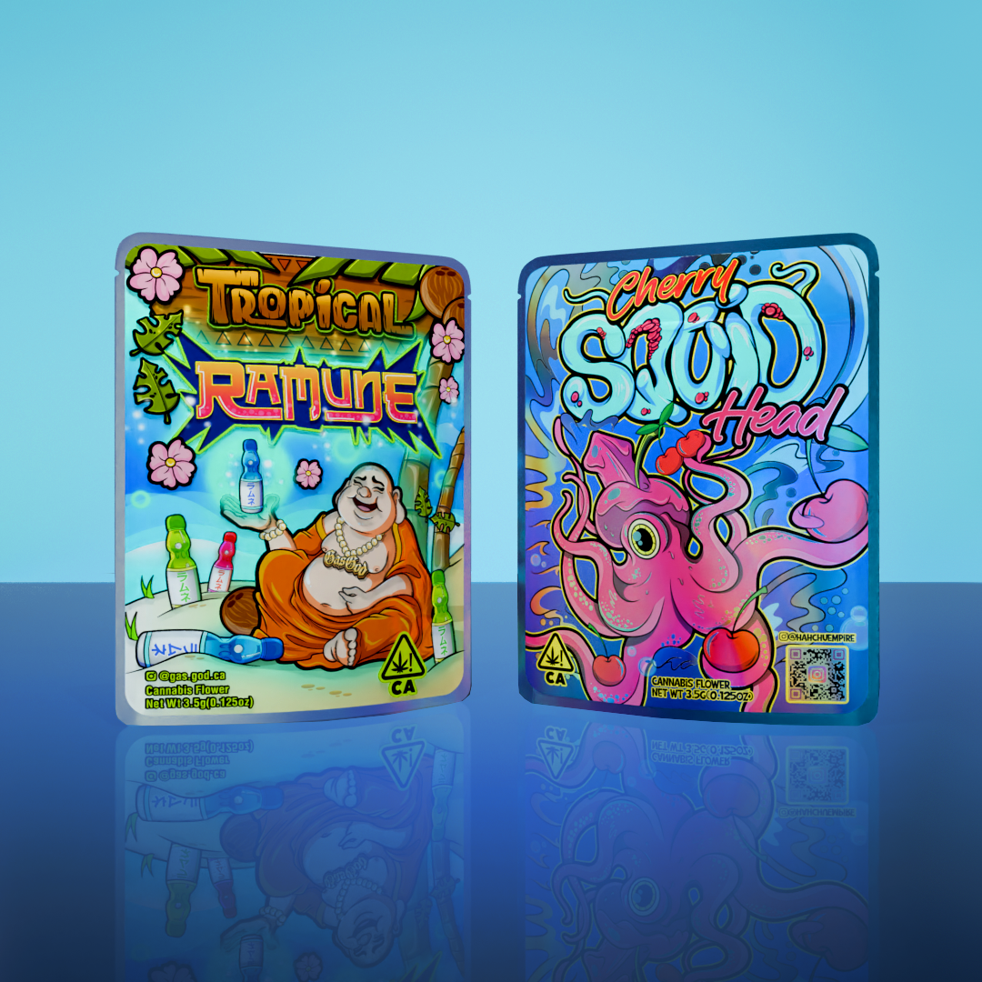 Custom labeled sticker packaging including 8th sticker bags