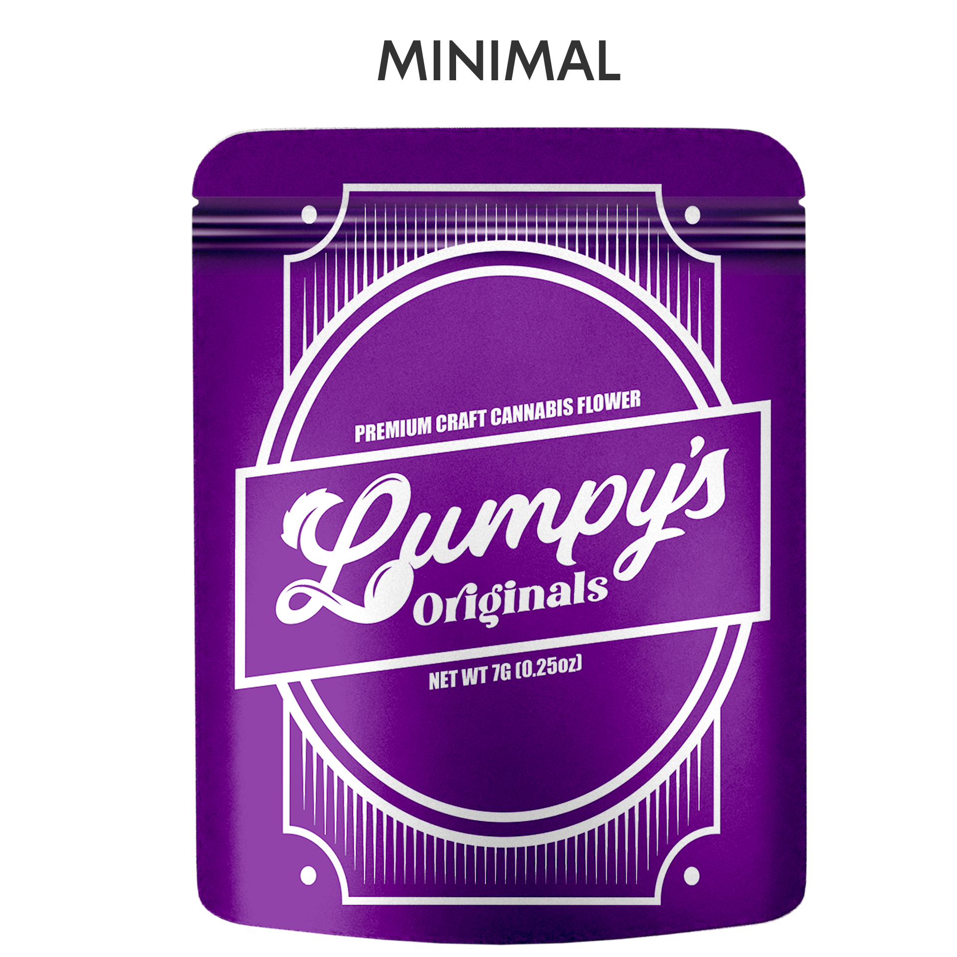 Minimal style cannabis packaging design with clean typography and simple branding mockup displayed on a custom 8th bag.