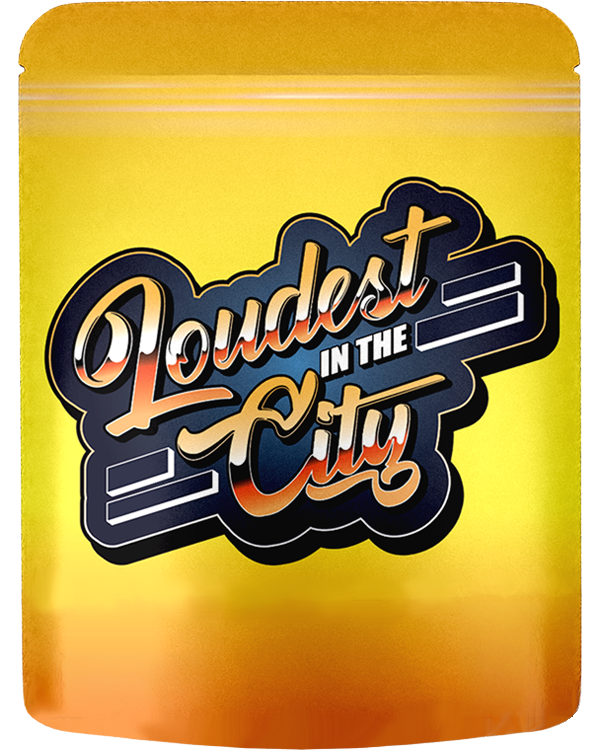 Front of a yellow direct print 8th bag with vibrant printed graphics