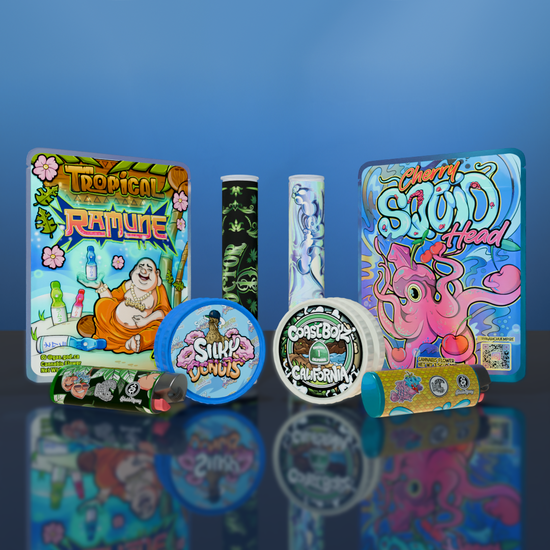 Branded retail packaging featuring custom sticker labels on bags, jars, tubes, and vape packaging designed for product labeling and brand packaging.