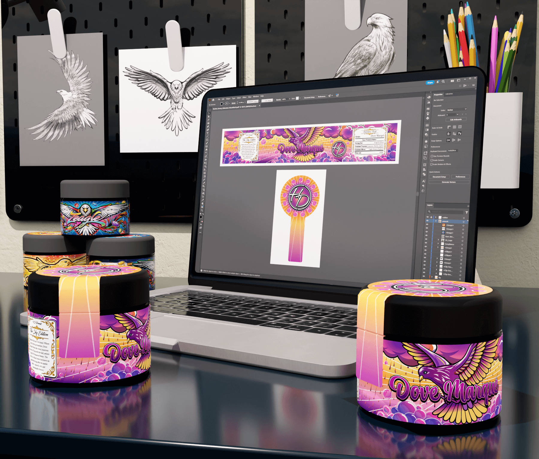 Custom character driven jar packaging featuring illustrated birds