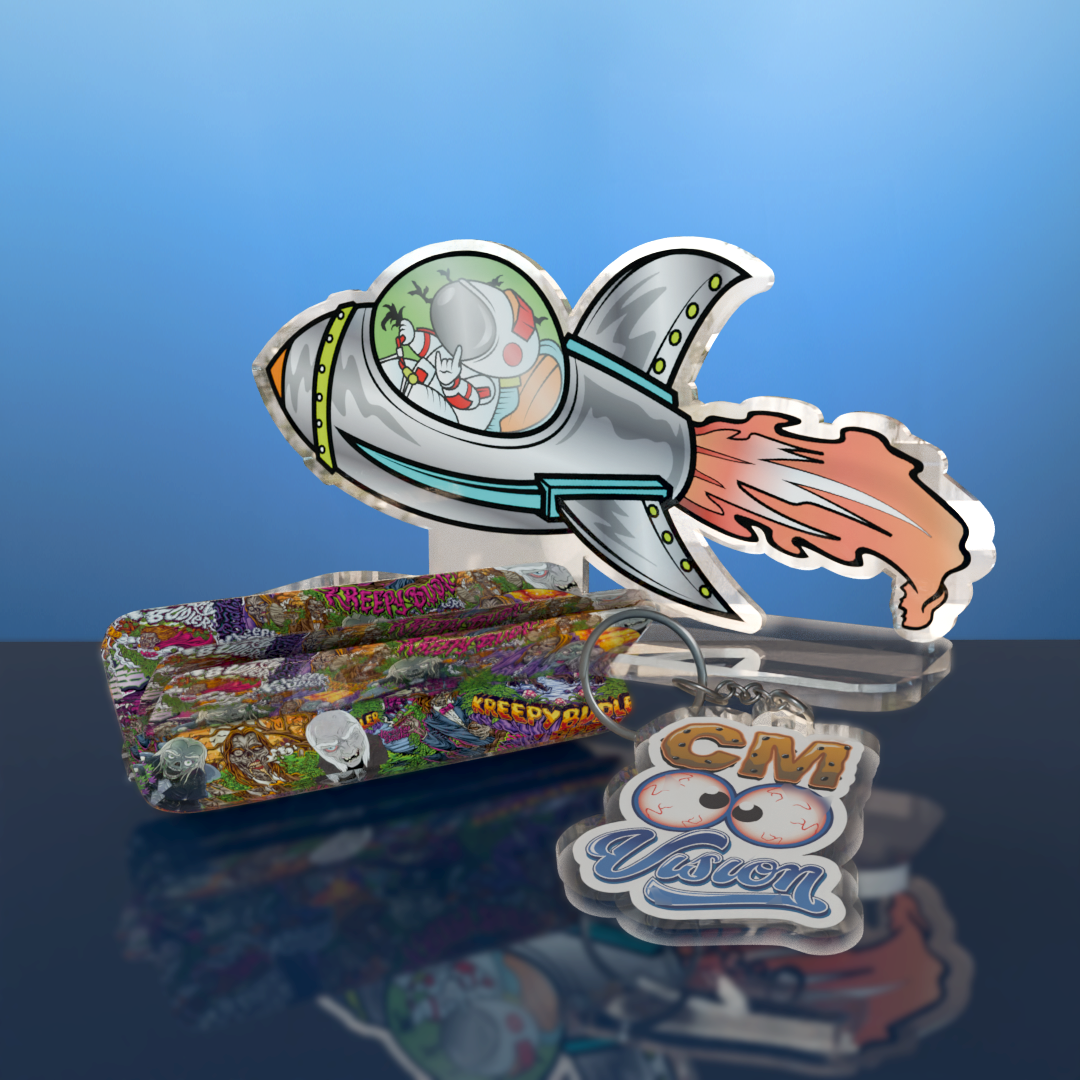 Custom USA made acrylic accessories including keychains, figurines, and rolling trays