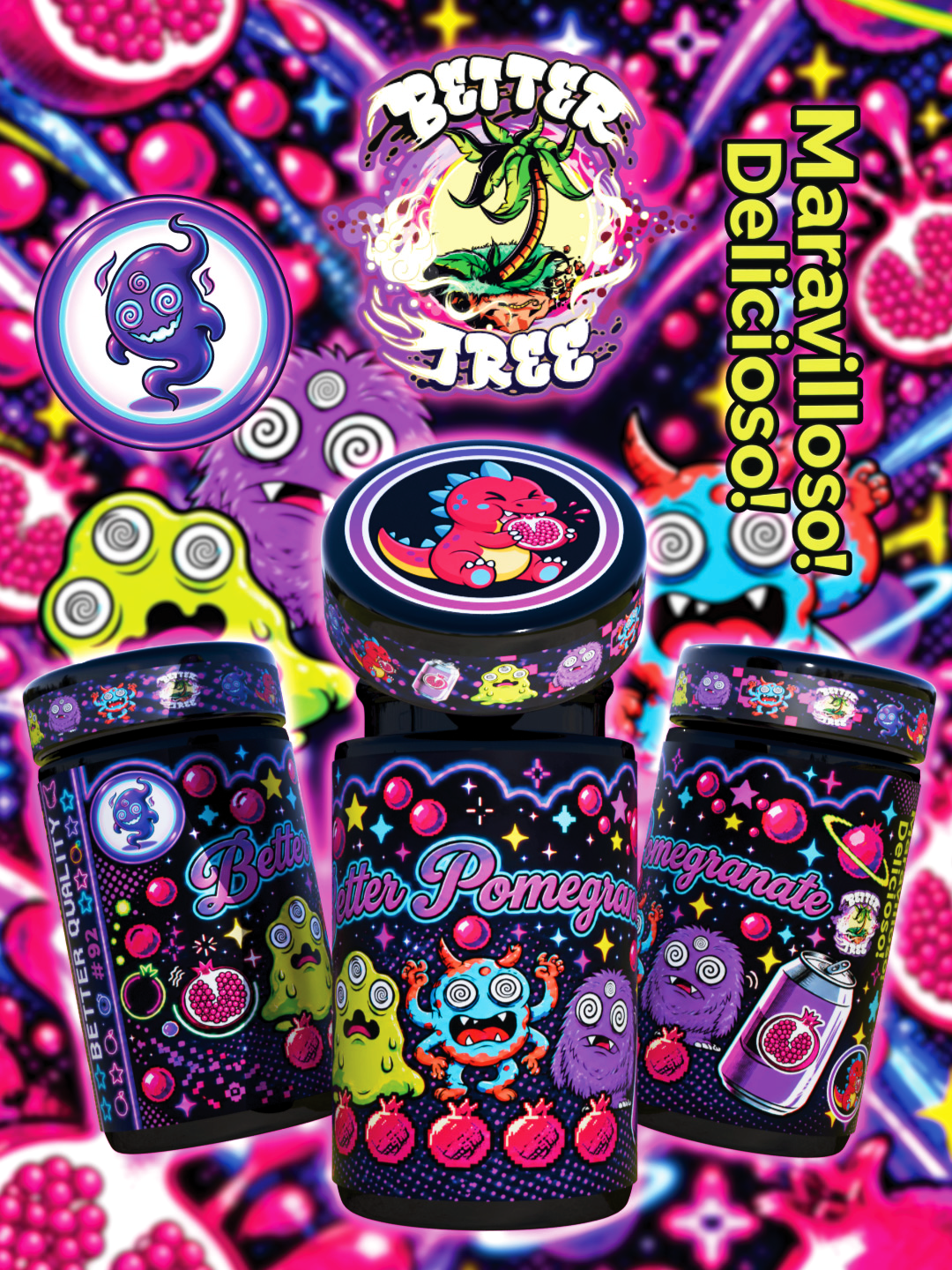Custom product flyer for 100ml UV Glass Jar featuring colorful illustrative label design with side label, lid label and lid wrap.