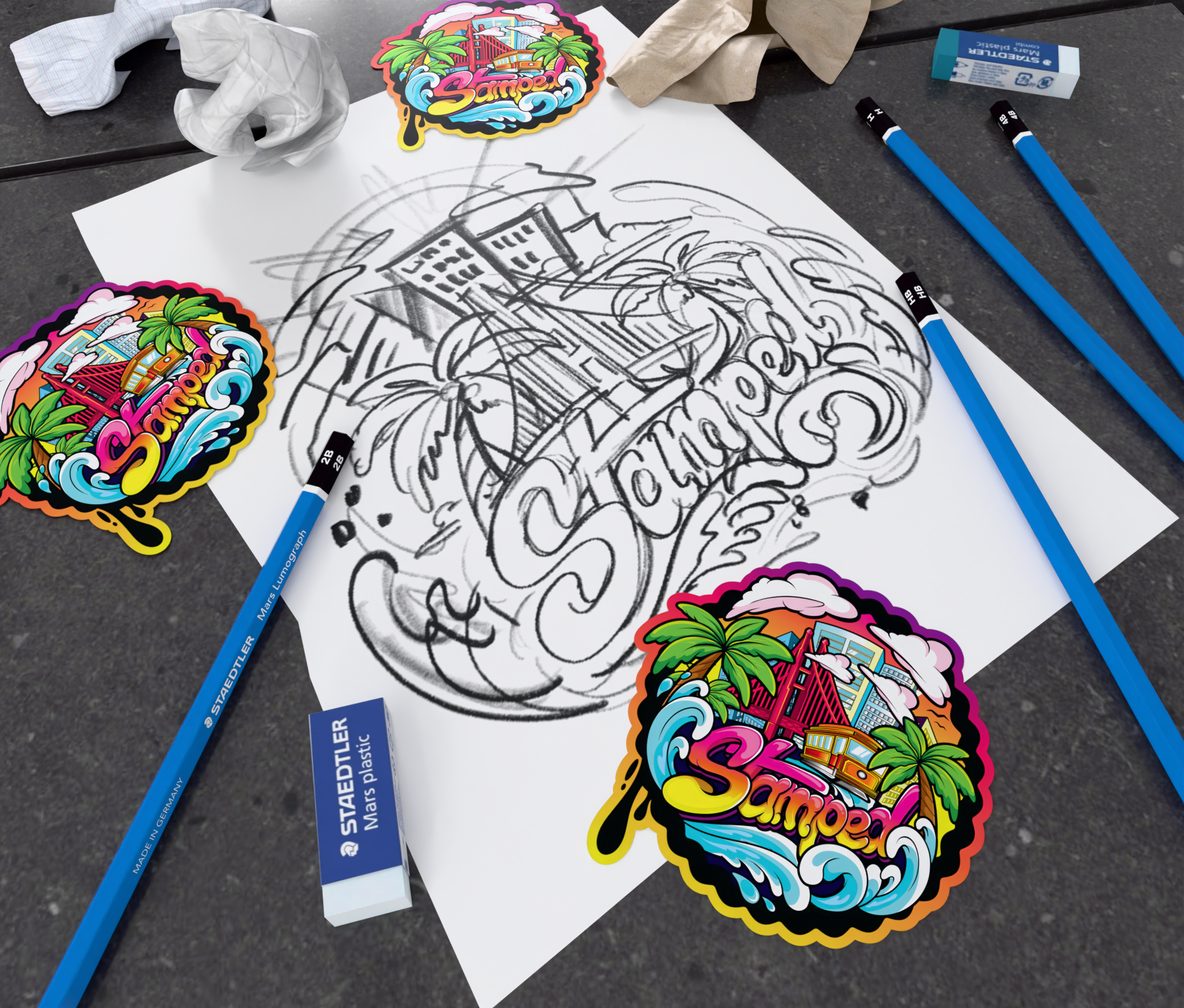 Bay Area inspired illustrative logo showing sketch, final design, and printed die cut sticker.