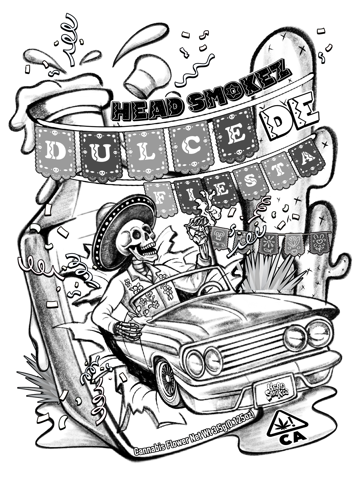 Clean black linework illustration for a holiday themed Cinco de Mayo packaging design before final color