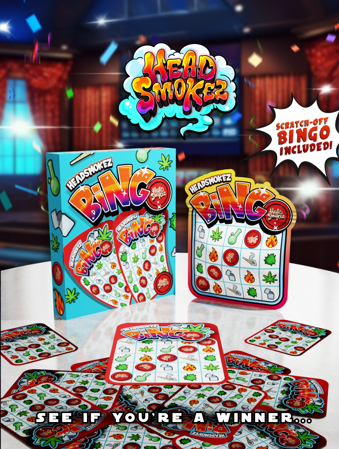 Promo digital flyer for social media featuring custom paper box, custom shape bag, and scratch off lottery cards.