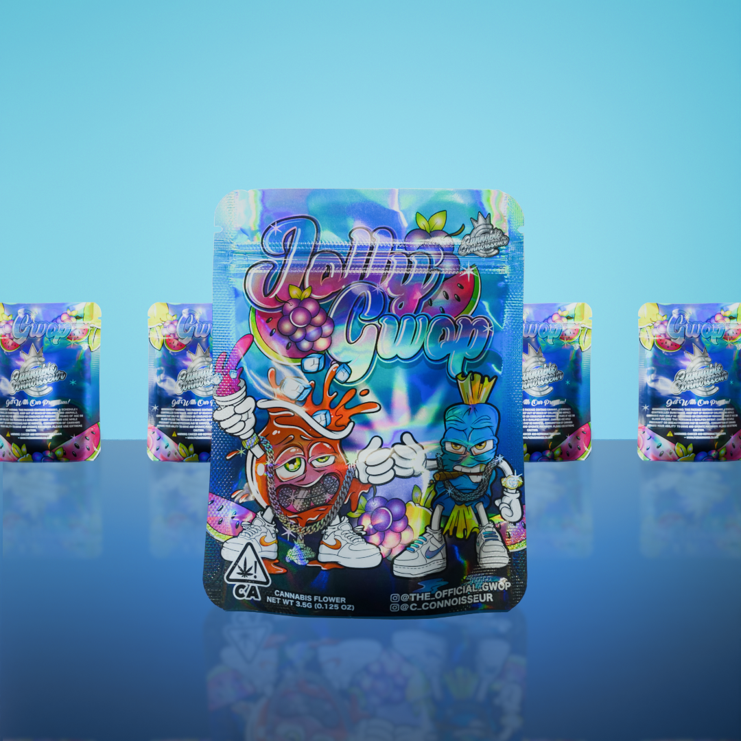 Custom direct print 8th mylar bags printed on silver holographic material featuring vibrant full color artwork for premium retail packaging.