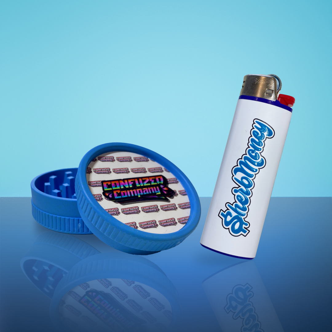 Custom labeled sticker packaging including bags, pop top tubes, grinders, and lighter wraps