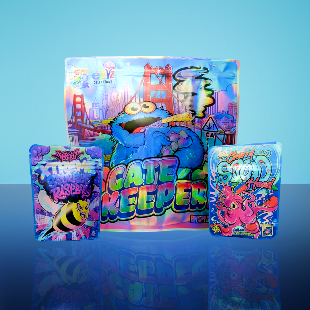 Sticker labeled packaging featuring custom 8th bags and pound bags with printed sticker labels applied for branded retail product packaging.