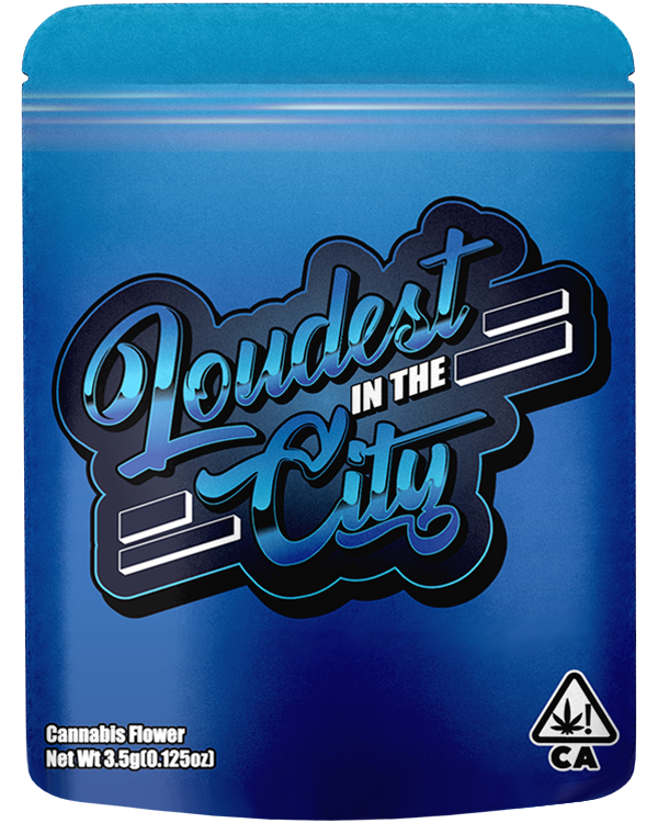 Front of a blue direct print 8th bag featuring custom packaging design blue version