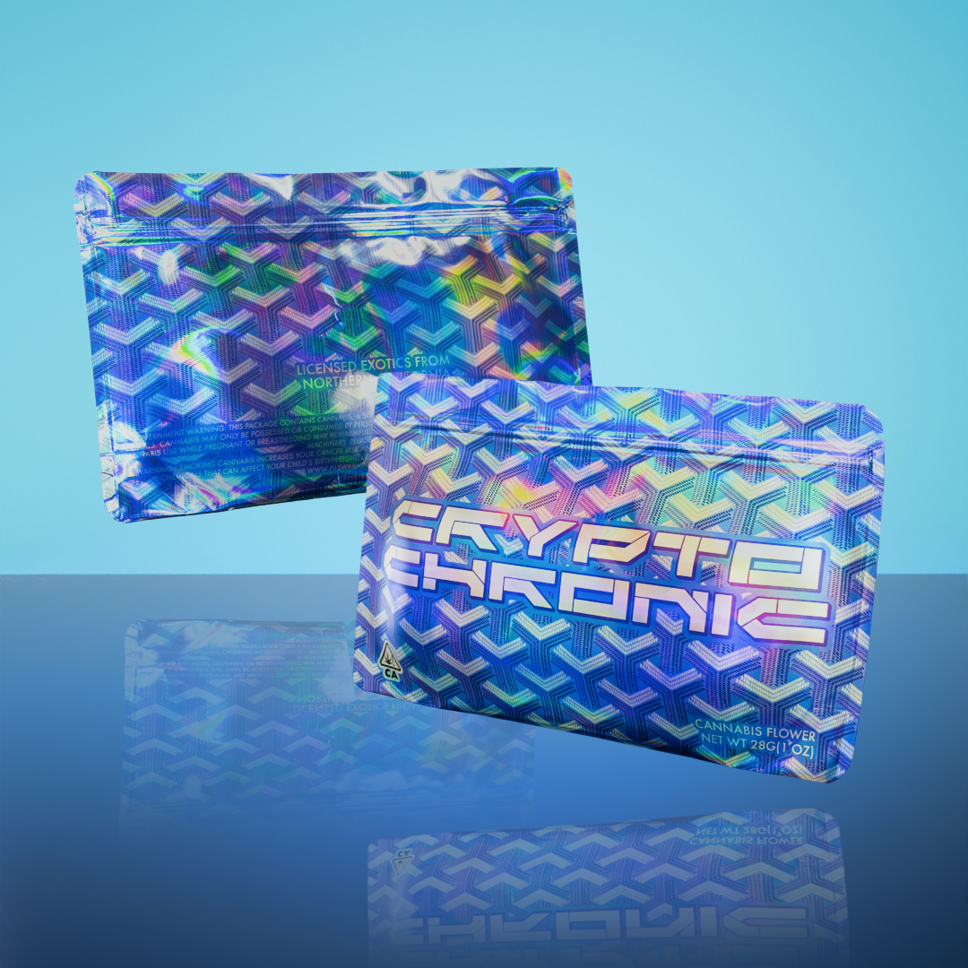 Custom direct print mylar bags with full color artwork and holographic material designed for premium retail packaging and branding.